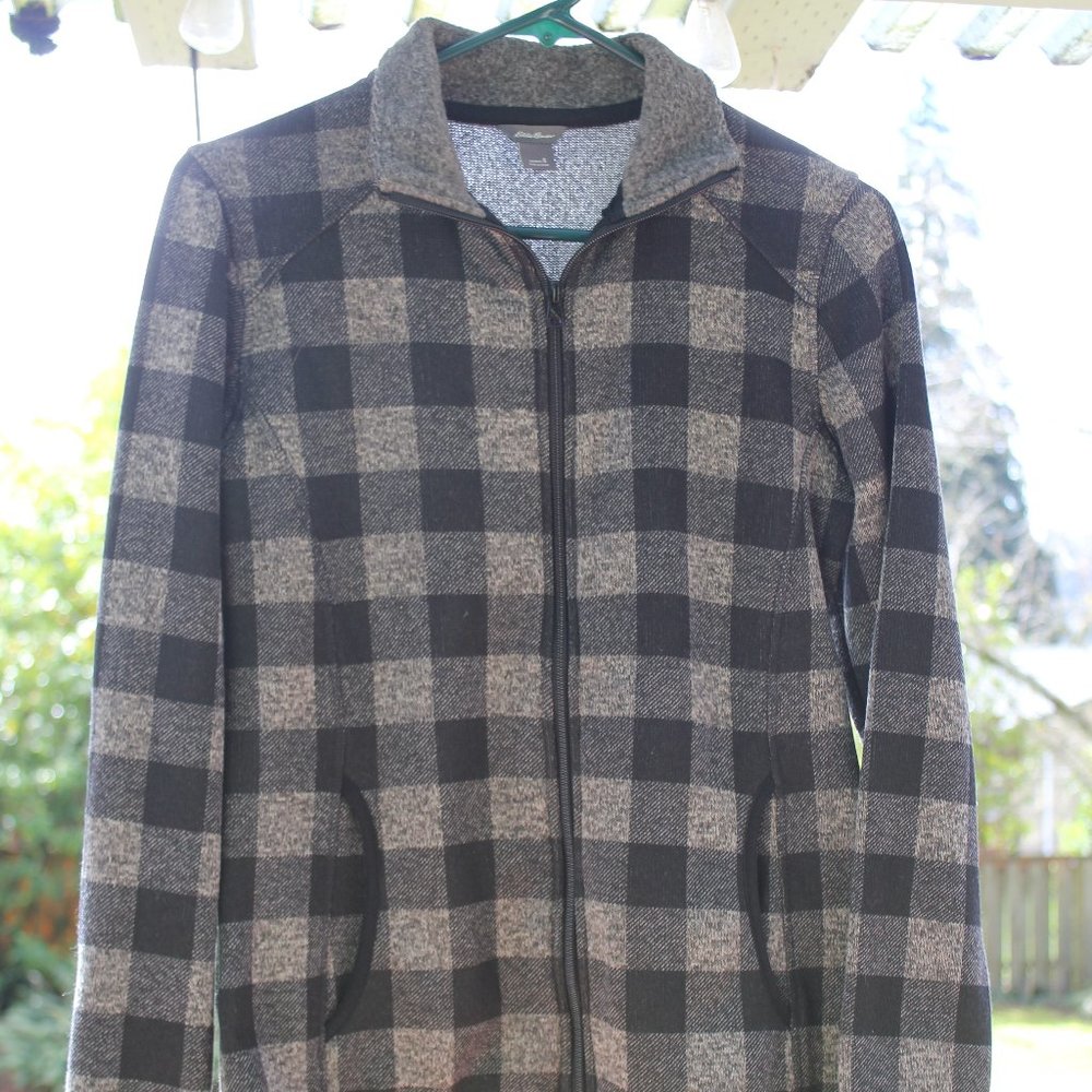 Eddie Bauer Gray and Black Checkered/Buffalo Plaid Fleece Jacket (Small)